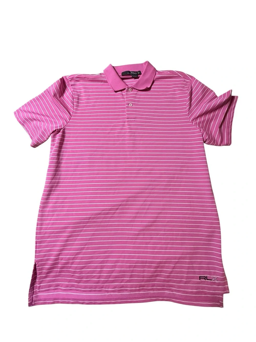 RLX Ralph Lauren Men's Large Pink White Striped Performance Golf Polo Shirt L